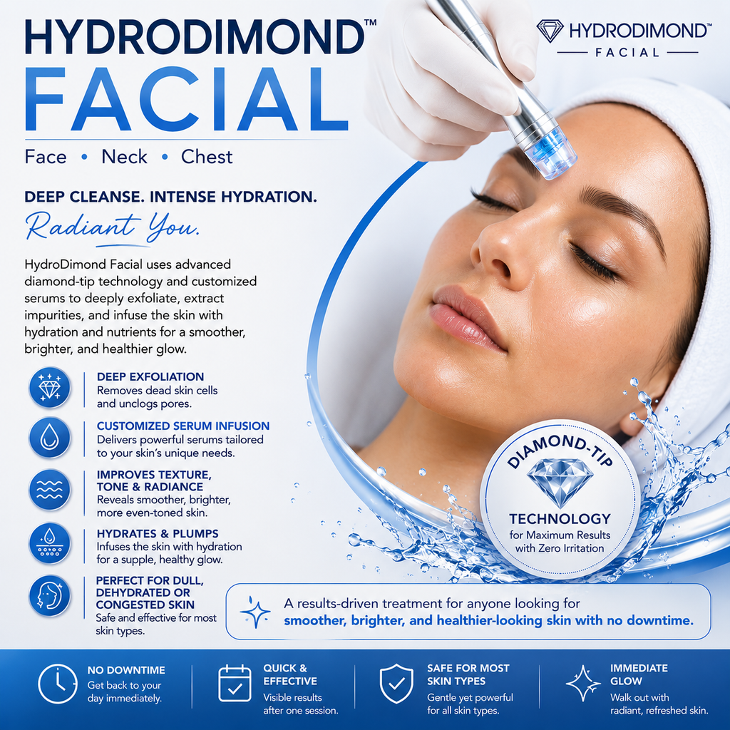 Hydrodimond Facial face, neck, and chest for a complete and uniform glow.